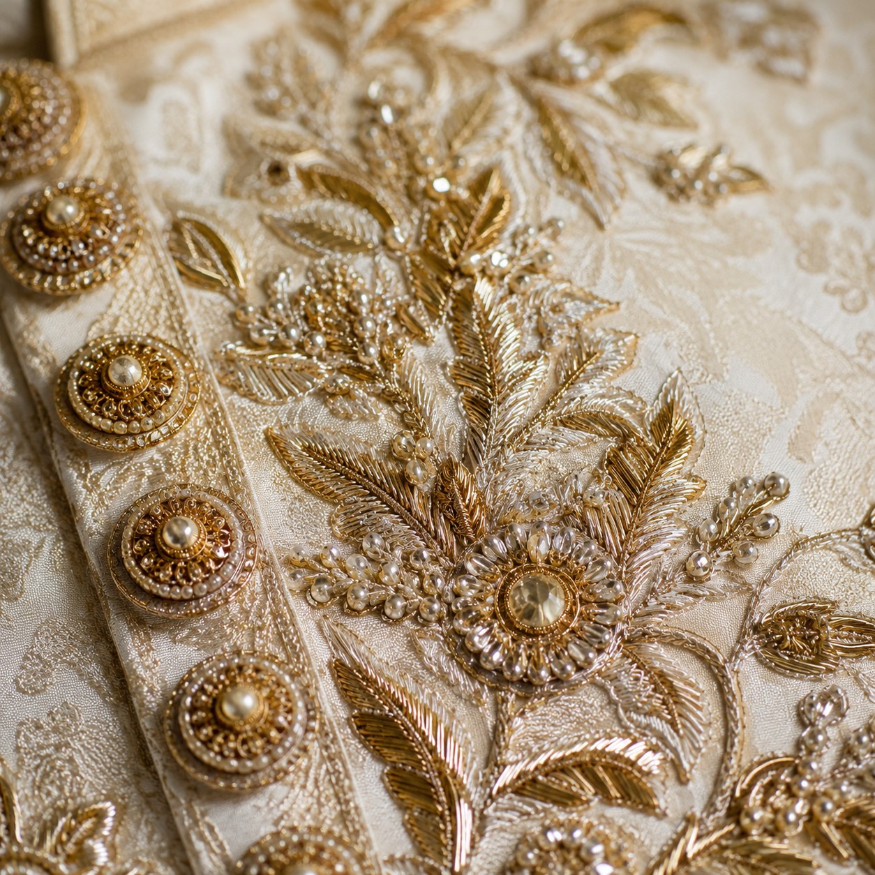 Macro of hand-worked zardozi gold embroidery