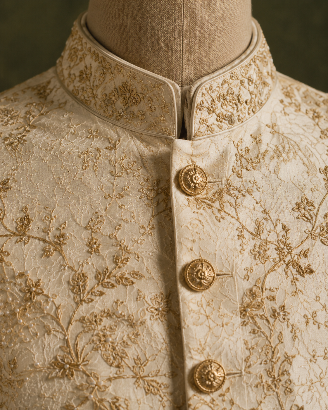 Close view of an embroidered mandarin collar and gold button placket