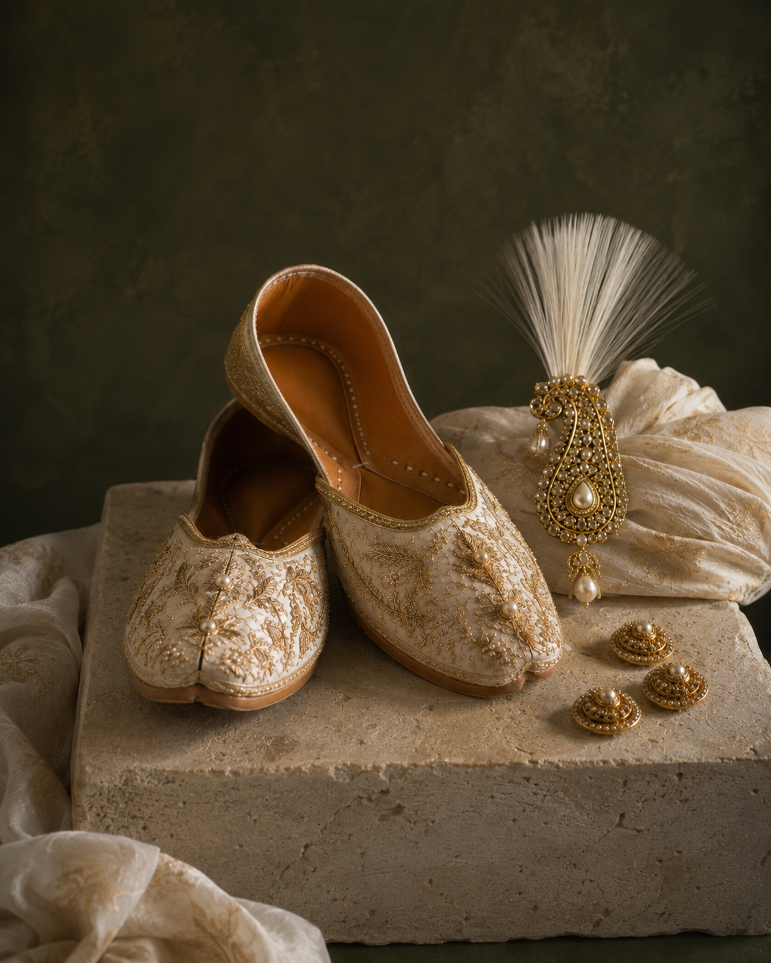 Embroidered ivory juttis with a pearl kalgi and gold buttons on a stone plinth