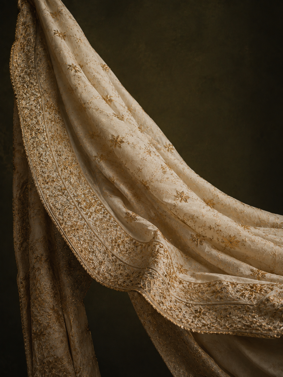 Ivory embroidered dupatta draped in deep folds against an olive ground