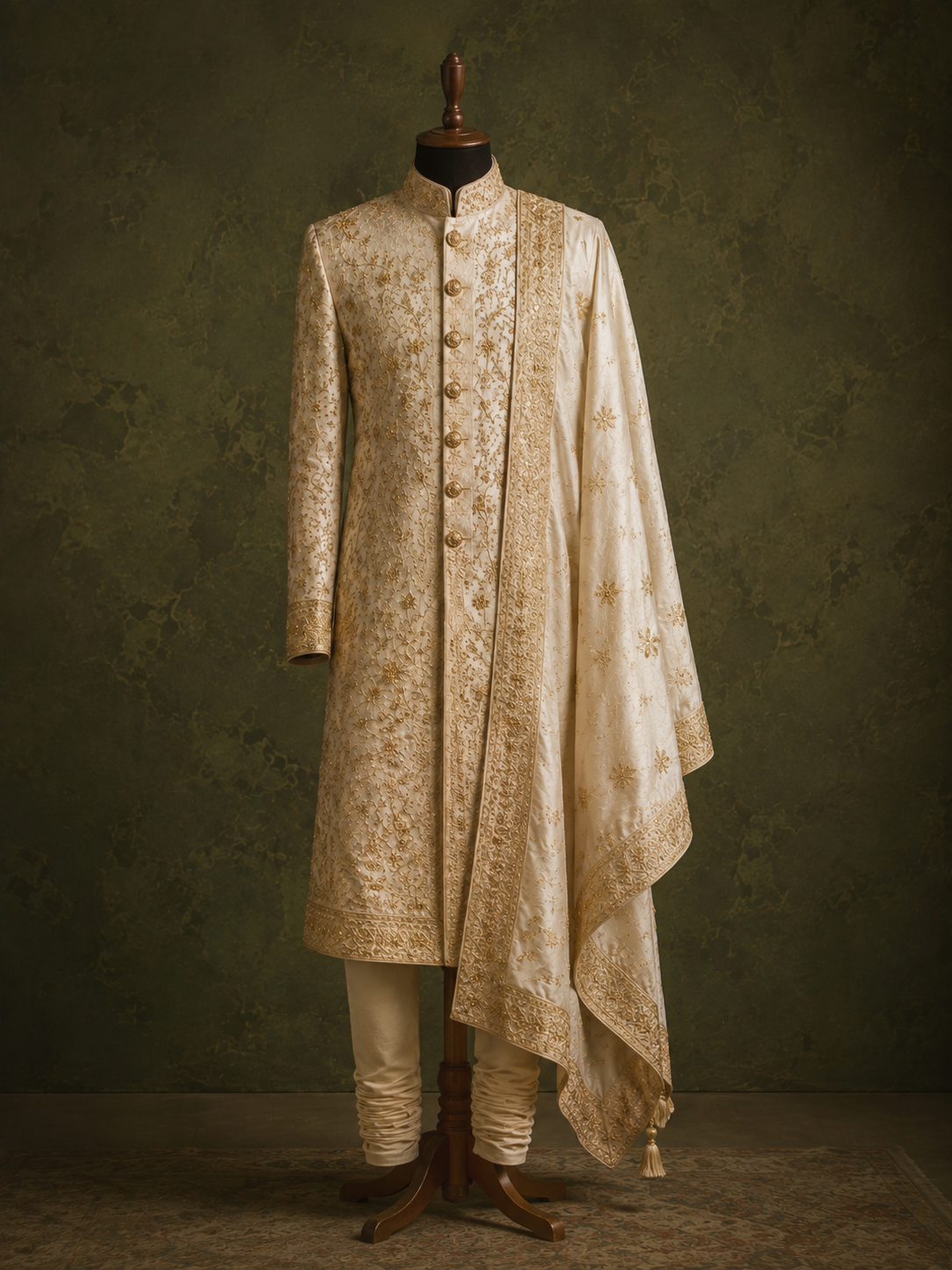 Ivory silk sherwani with gold threadwork and matching dupatta, on a tailor's stand