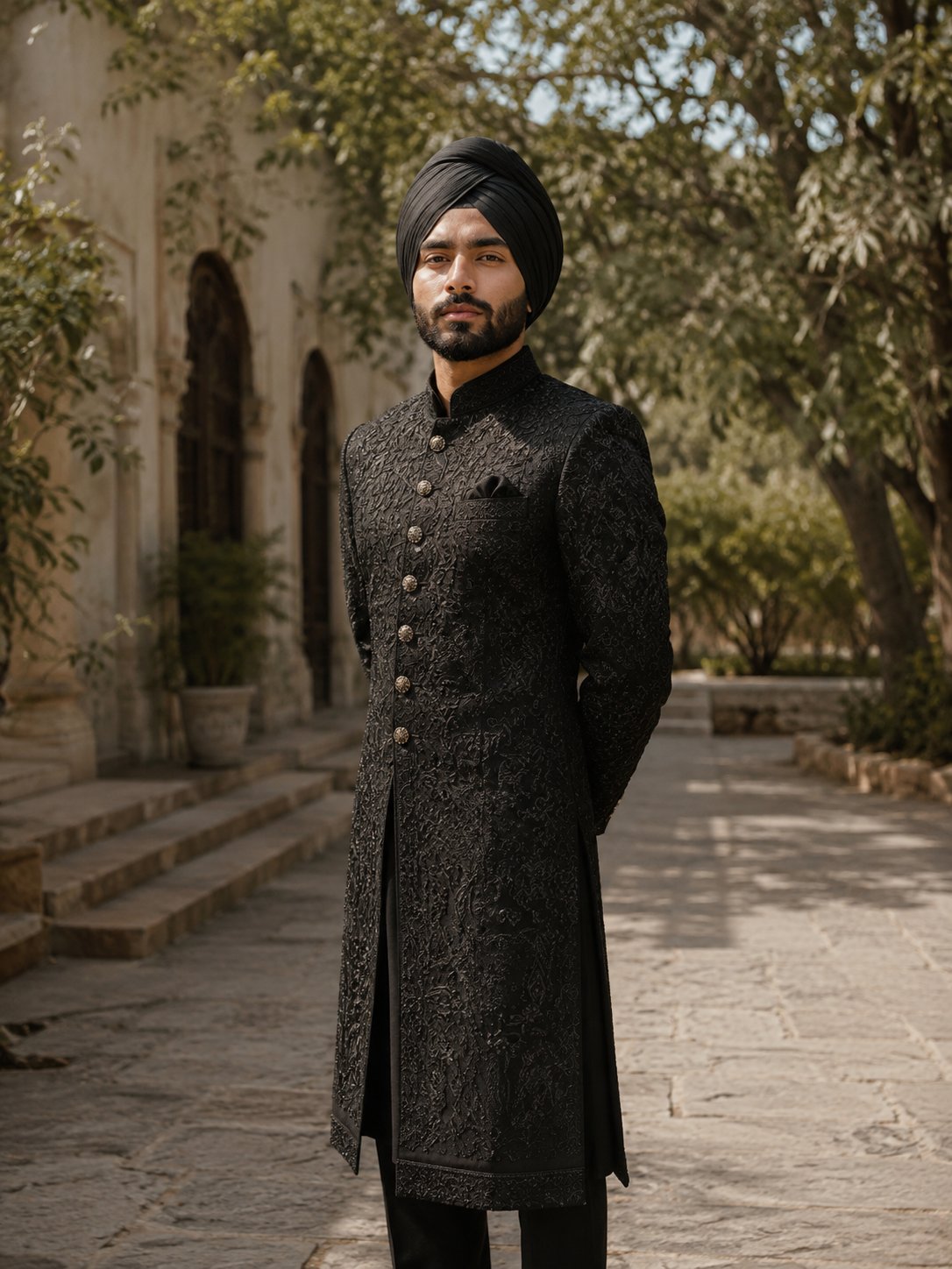 Man in a black embroidered sherwani and pagri, photographed in a stone courtyard
