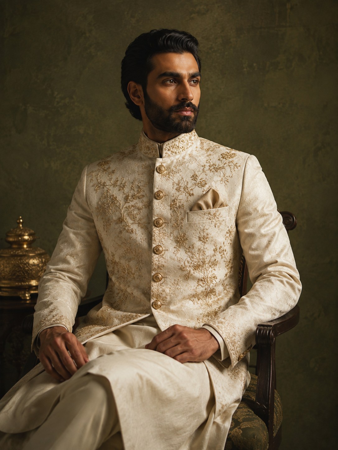 Seated portrait in a structured ivory bandhgala, warm side-light