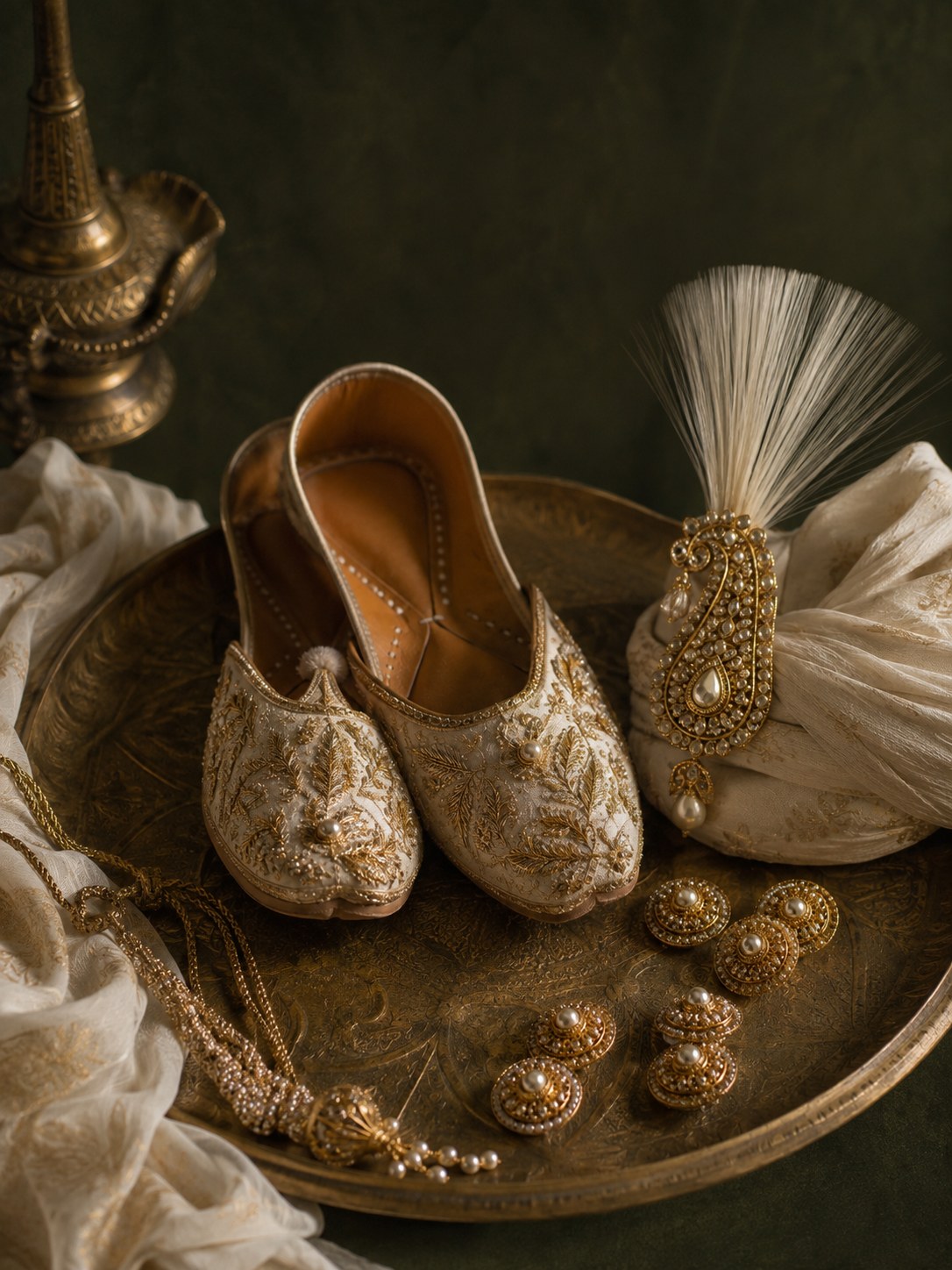 Still life of embroidered juttis, kalgi and buttons on an aged brass tray