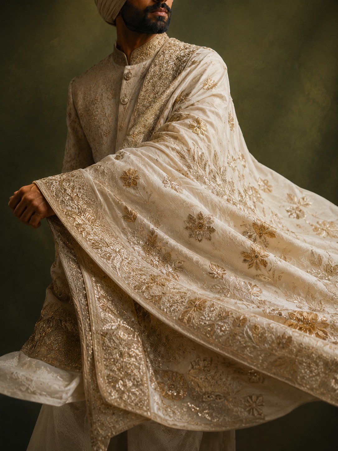 Ivory sherwani with an embroidered dupatta held in motion