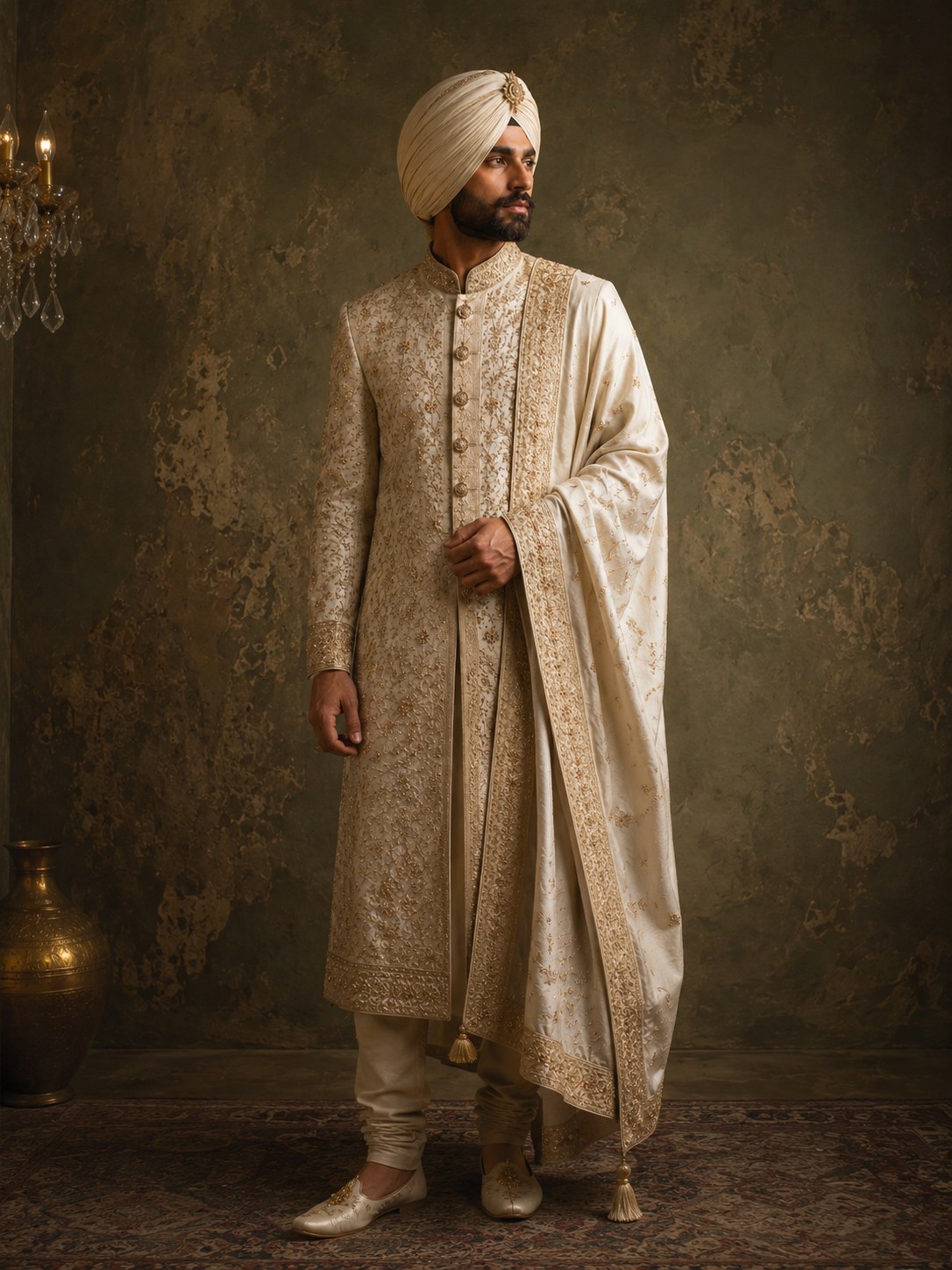 Full-length ivory sherwani look against aged olive plaster