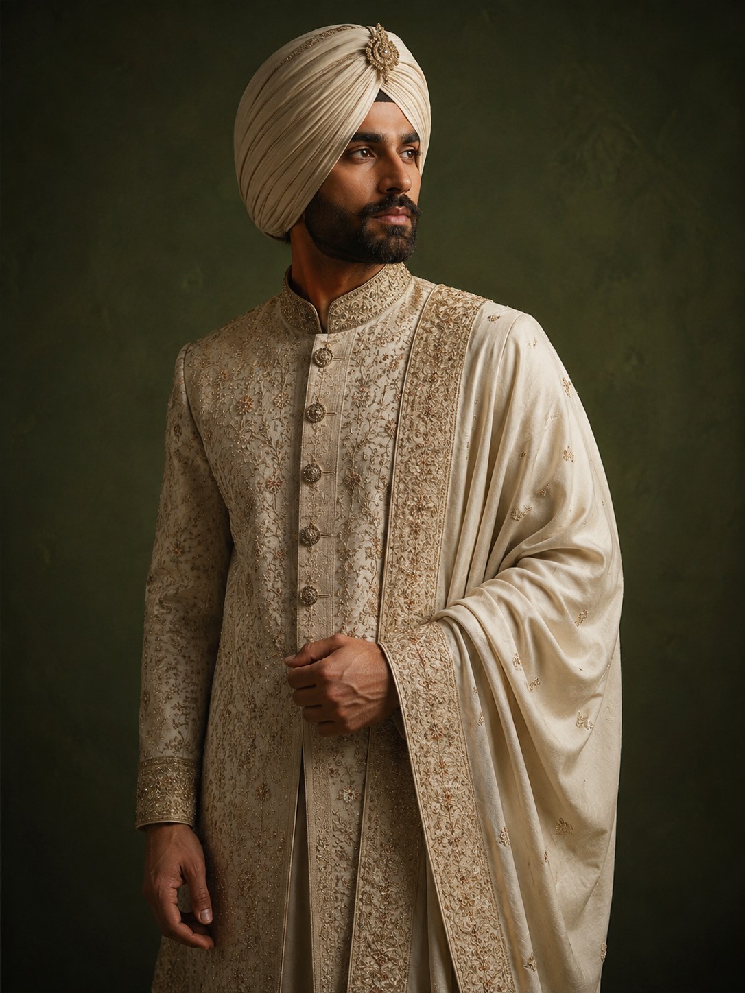 Groom in an ivory zardozi sherwani, side-lit against an olive backdrop