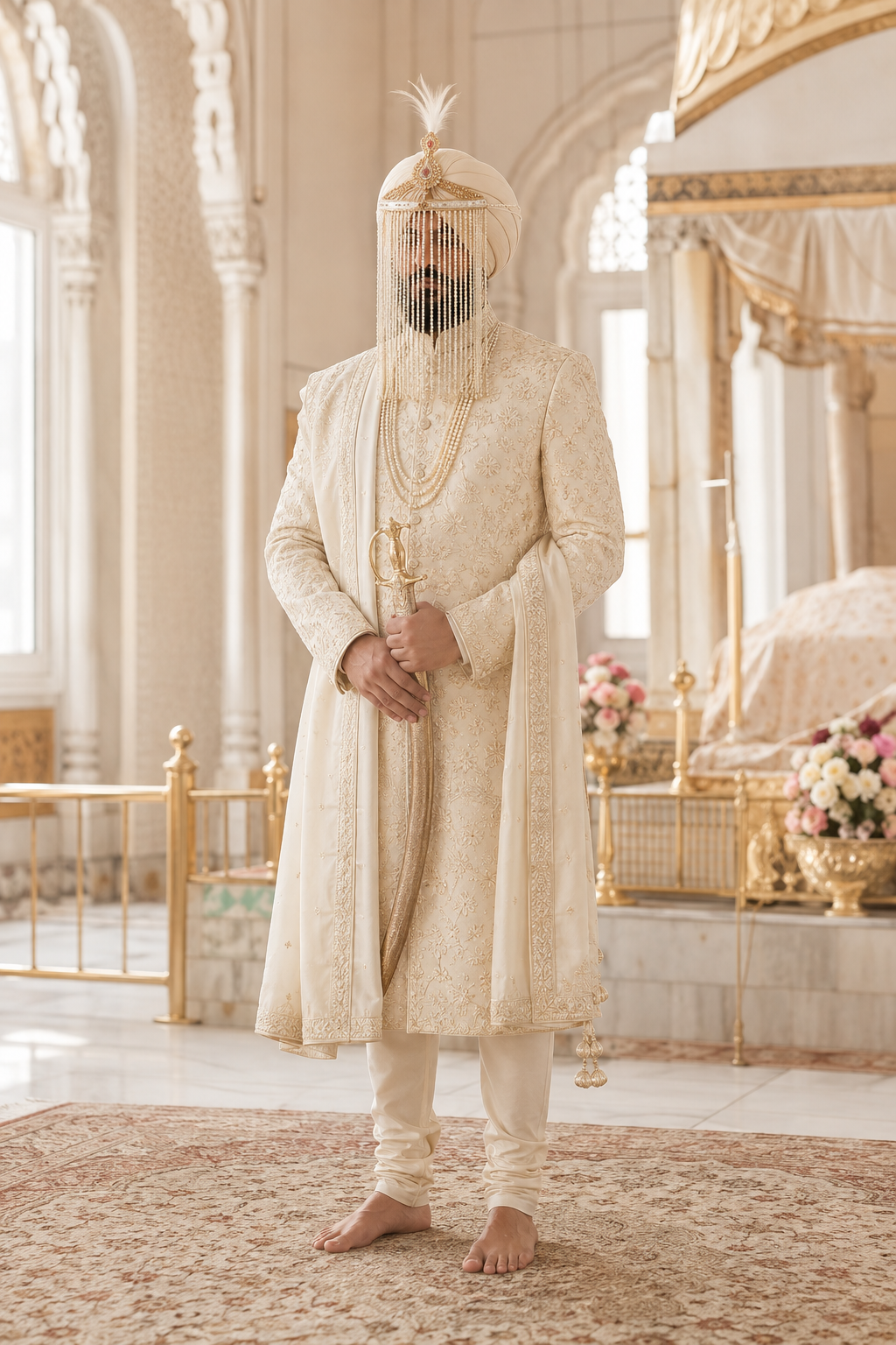 Groom in an ivory sherwani with a pearl sehra and kirpan, in a marble hall