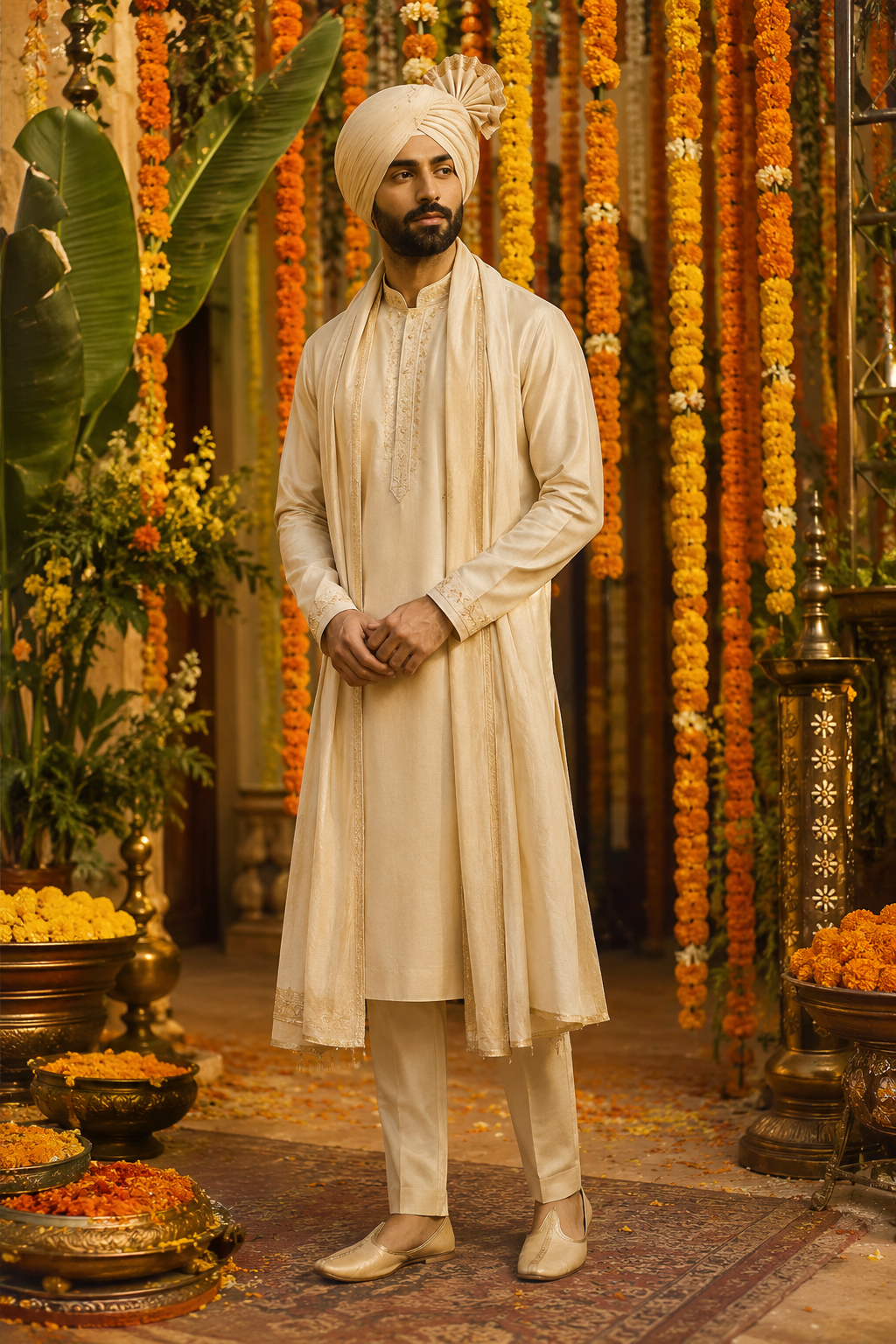 Groom in an ivory raw silk kurta and dupatta among marigold garlands