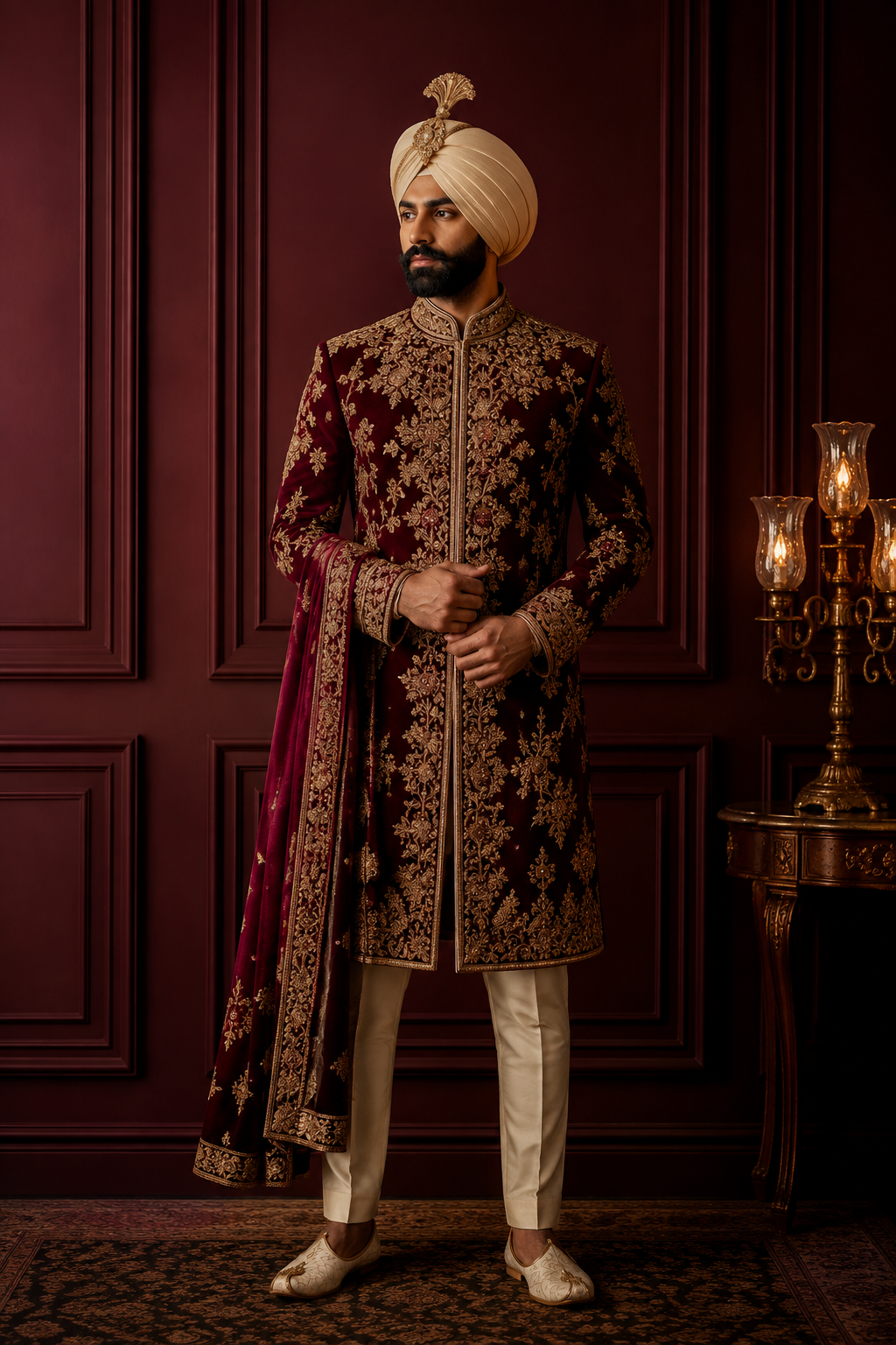 Groom in a burgundy velvet sherwani with gold zardozi against a panelled wall