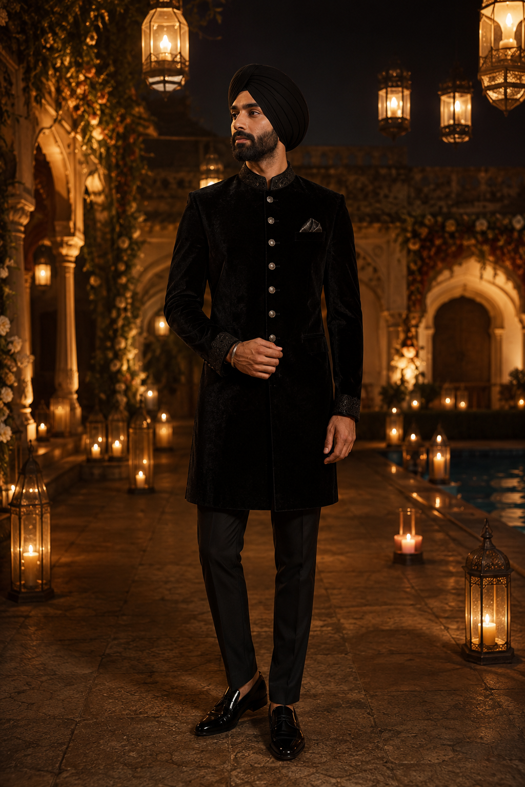 Groom in a black velvet bandhgala in a lantern-lit courtyard at night